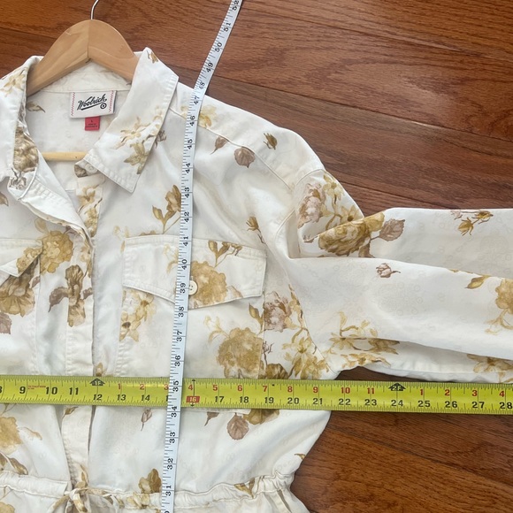 Artsy Teacher Full Button Down Shirt Dress Gold Roses on Cream Long Women’s L - Picture 4 of 16